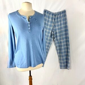 LL Bean 2 pCotton Pajamas M Flannel Plaid Pants Long Sleeve Henley Excellent PJs